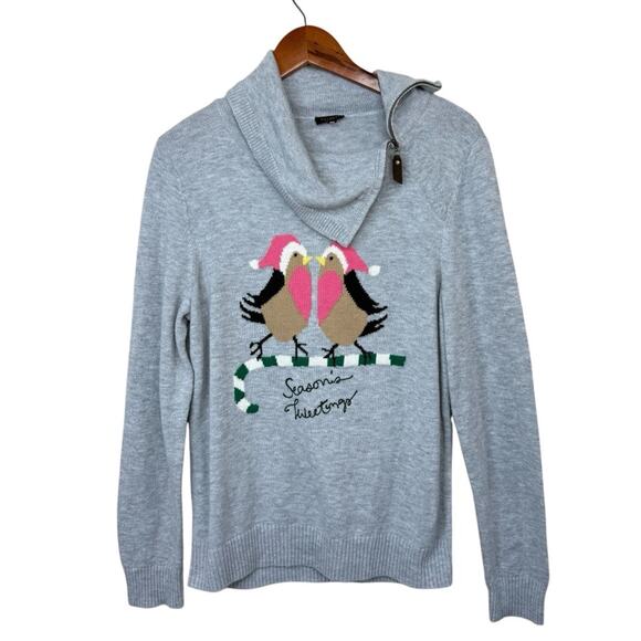 TALBOTS Wool Blend  Women's Sz L Christmas Gray Bird Seasons Tweetings Sweater - Picture 2 of 14
